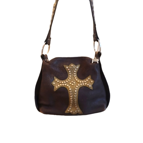 Raviani Handbags - Raviani Brown Leather Bucket Purse Crystal Cross Bling and Strap
